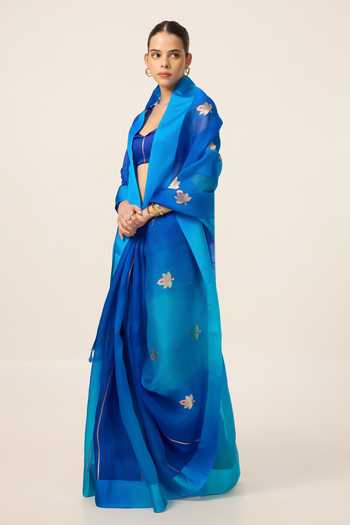 Ekaya Banaras Blue Organza Handwoven Cutwork Saree With Running Blouse Piece Online at Aza Fashions Ekaya Banaras_Blue Organza Handwoven Cutwork Saree With Running Blouse Piece _Online_at_Aza_Fashions