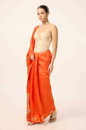 Ekaya Banaras Orange Silk Handwoven Cutwork Saree With Running Blouse Online at Aza Fashions Ekaya Banaras_Orange Silk Handwoven Cutwork Saree With Running Blouse _Online_at_Aza_Fashions
