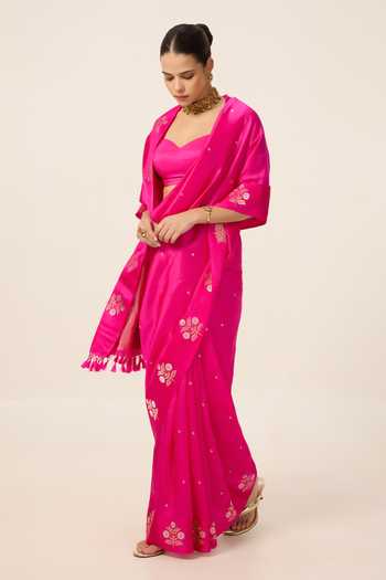 Shop Ekaya Banaras Pink Silk Hot Saree With Running Blouse Piece Online at Aza Fashions Shop_Ekaya Banaras_Pink Silk Hot Saree With Running Blouse Piece _Online_at_Aza_Fashions