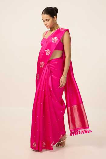 Ekaya Banaras Pink Silk Hot Saree With Running Blouse Piece at Aza Fashions Ekaya Banaras_Pink Silk Hot Saree With Running Blouse Piece _at_Aza_Fashions