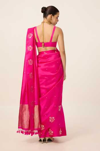Ekaya Banaras Silk Hot Pink Saree With Running Blouse Piece 