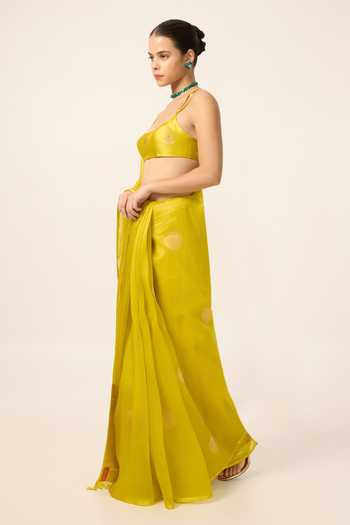 Ekaya Banaras Yellow Organza Handwoven Saree With Running Blouse Piece Online at Aza Fashions Ekaya Banaras_Yellow Organza Handwoven Saree With Running Blouse Piece _Online_at_Aza_Fashions
