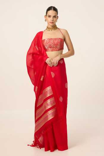 Ekaya Banaras Handwoven Crimson Saree With Running Blouse Piece 