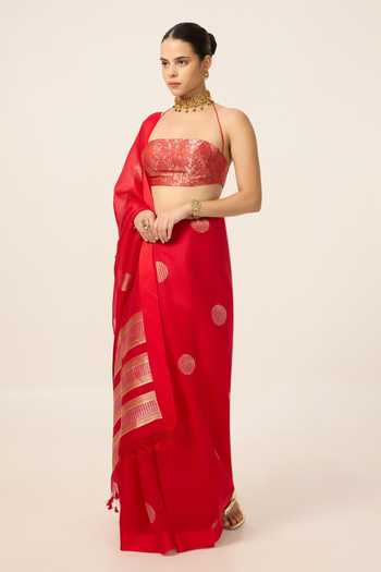 Ekaya Banaras Red Organza Handwoven Crimson Saree With Running Blouse Piece Online at Aza Fashions Ekaya Banaras_Red Organza Handwoven Crimson Saree With Running Blouse Piece _Online_at_Aza_Fashions