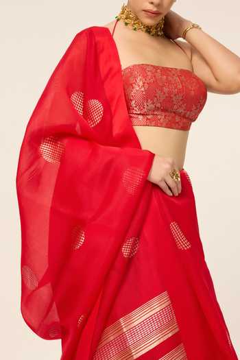Buy Ekaya Banaras Red Organza Handwoven Crimson Saree With Running Blouse Piece Online at Aza Fashions Buy_Ekaya Banaras_Red Organza Handwoven Crimson Saree With Running Blouse Piece _Online_at_Aza_Fashions