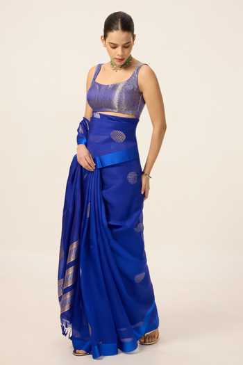 Ekaya Banaras Blue Organza Handwoven Electric Saree With Running Blouse Piece Online at Aza Fashions Ekaya Banaras_Blue Organza Handwoven Electric Saree With Running Blouse Piece _Online_at_Aza_Fashions