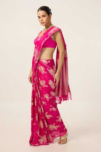 Ekaya Banaras Pink Chiffon Handwoven Saree With Running Blouse Piece Online at Aza Fashions Ekaya Banaras_Pink Chiffon Handwoven Saree With Running Blouse Piece _Online_at_Aza_Fashions