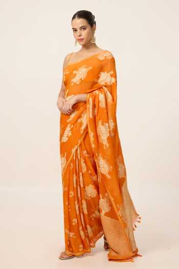 Ekaya Banaras Orange Chiffon Saree With Running Blouse Piece Online at Aza Fashions Ekaya Banaras_Orange Chiffon Saree With Running Blouse Piece _Online_at_Aza_Fashions