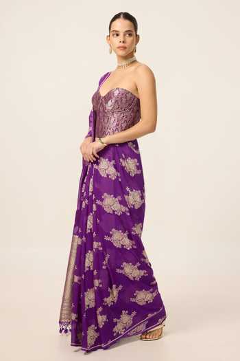 Ekaya Banaras Purple Chiffon Handwoven Saree With Running Blouse Piece Online at Aza Fashions Ekaya Banaras_Purple Chiffon Handwoven Saree With Running Blouse Piece _Online_at_Aza_Fashions