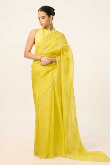 Ekaya Banaras Handwoven Canary Saree With Running Blouse Piece 