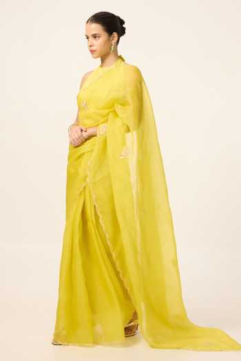 Ekaya Banaras Yellow Organza Handwoven Canary Saree With Running Blouse Piece Online at Aza Fashions Ekaya Banaras_Yellow Organza Handwoven Canary Saree With Running Blouse Piece _Online_at_Aza_Fashions