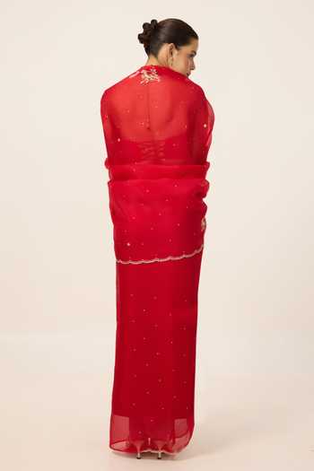 Ekaya Banaras Handwoven Ruby Saree With Running Blouse Piece 