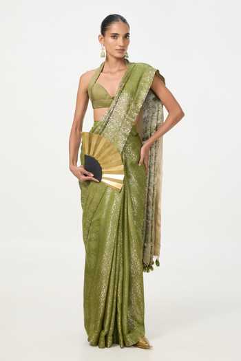 Ekaya Banaras Handwoven Sage Saree With Running Blouse Piece 