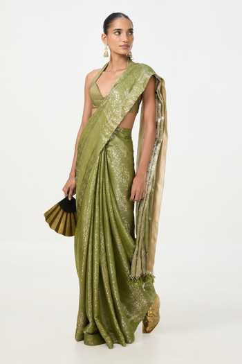 Ekaya Banaras Green Tissue Handwoven Sage Saree With Running Blouse Piece Online at Aza Fashions Ekaya Banaras_Green Tissue Handwoven Sage Saree With Running Blouse Piece _Online_at_Aza_Fashions