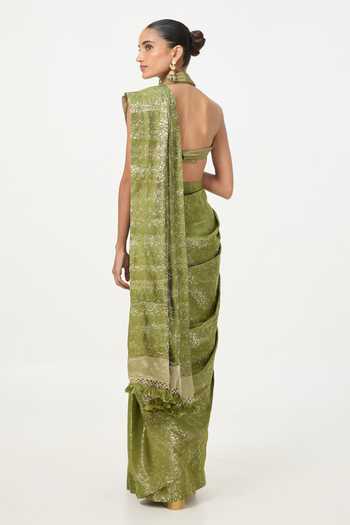 Ekaya Banaras Handwoven Sage Saree With Running Blouse Piece 