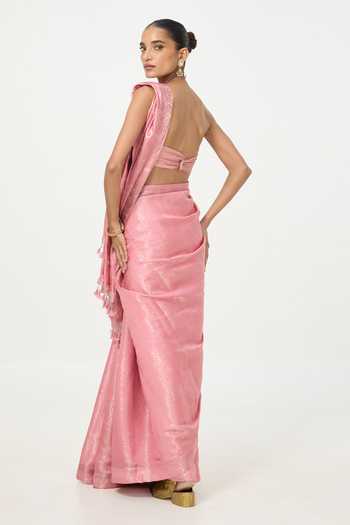 Ekaya Banaras Handwoven Salmon Saree With Running Blouse Piece 