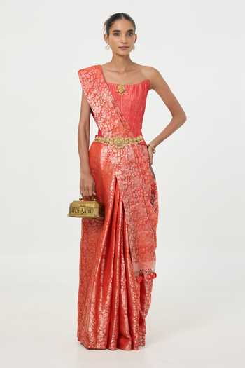 Ekaya Banaras Handwoven Rust Saree With Running Blouse Piece 