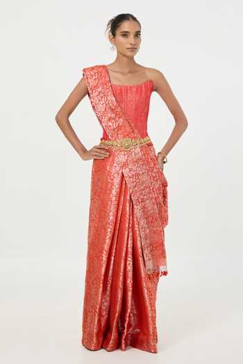 Ekaya Banaras Orange Tissue Handwoven Rust Saree With Running Blouse Piece Online at Aza Fashions Ekaya Banaras_Orange Tissue Handwoven Rust Saree With Running Blouse Piece _Online_at_Aza_Fashions