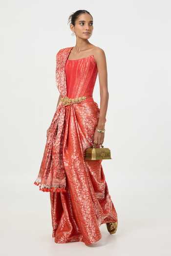 Buy Ekaya Banaras Orange Tissue Handwoven Rust Saree With Running Blouse Piece Online at Aza Fashions Buy_Ekaya Banaras_Orange Tissue Handwoven Rust Saree With Running Blouse Piece _Online_at_Aza_Fashions