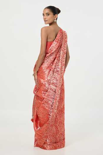 Ekaya Banaras Handwoven Rust Saree With Running Blouse Piece 