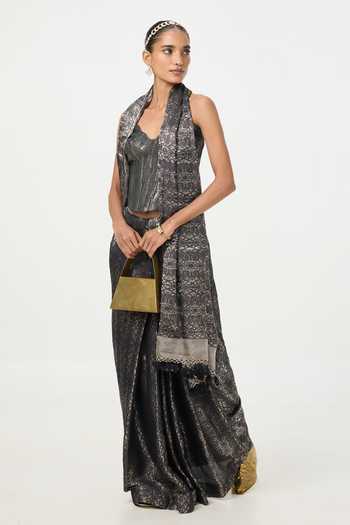Ekaya Banaras Black Tissue Handwoven Noir Saree With Running Blouse Piece Online at Aza Fashions Ekaya Banaras_Black Tissue Handwoven Noir Saree With Running Blouse Piece _Online_at_Aza_Fashions