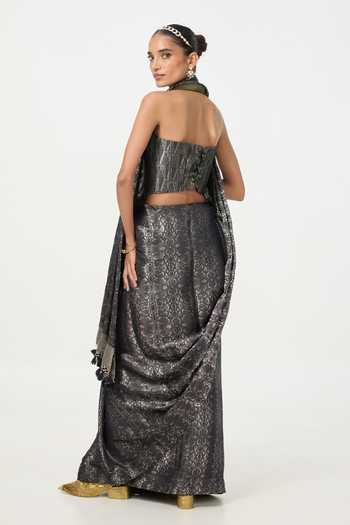 Ekaya Banaras Handwoven Noir Tissue Saree With Running Blouse Piece 