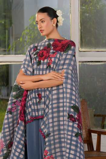 Shop Moh India Multi Color Satin Mayfair Bloom Print Cape Online at Aza Fashions Shop_Moh India_Multi Color Satin Mayfair Bloom Print Cape _Online_at_Aza_Fashions