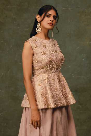 Buy 17:17 By Simmi Saboo Purple Round Neck Embroidered Peplum Top And Gharara Set Online at Aza Fashions Buy_17:17 By Simmi Saboo_Purple Round Neck Embroidered Peplum Top And Gharara Set _Online_at_Aza_Fashions