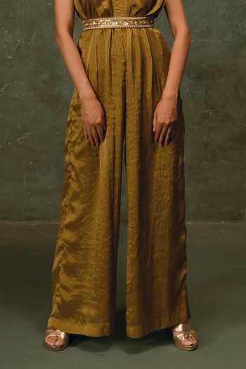 17:17 By Simmi Saboo Olive Green Banarasi V-neck Pleated Jumpsuit With Belt Online at Aza Fashions 17:17 By Simmi Saboo_Olive Green Banarasi V-neck Pleated Jumpsuit With Belt _Online_at_Aza_Fashions