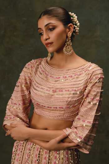 Buy 17:17 By Simmi Saboo Pink Organza Round Neck Embroidered Lehenga With Blouse Online at Aza Fashions Buy_17:17 By Simmi Saboo_Pink Organza Round Neck Embroidered Lehenga With Blouse _Online_at_Aza_Fashions