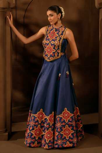 Buy 17:17 By Simmi Saboo Blue Twill Round Neck Patola Pattern Cape Lehenga Set Online at Aza Fashions Buy_17:17 By Simmi Saboo_Blue Twill Round Neck Patola Pattern Cape Lehenga Set _Online_at_Aza_Fashions