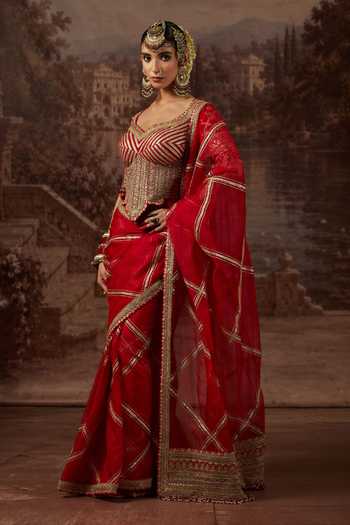 Shikhar Sharma_Red Silk Organza, Silk, Chanderi Leaf Neck Gota Zari Work Saree With Corset _Online_at_Aza_Fashions
