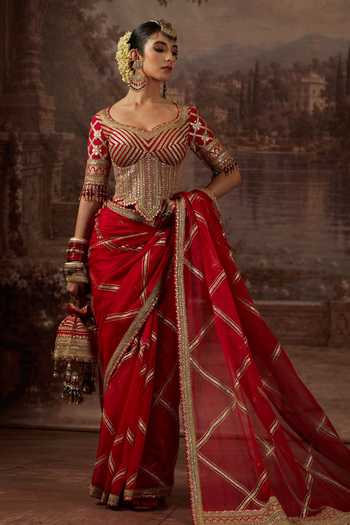 Buy_Shikhar Sharma_Red Silk Organza, Silk, Chanderi Leaf Neck Gota Zari Work Saree With Corset _Online_at_Aza_Fashions