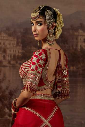 Shop_Shikhar Sharma_Red Silk Organza, Silk, Chanderi Leaf Neck Gota Zari Work Saree With Corset _Online_at_Aza_Fashions