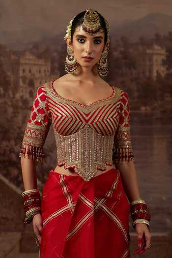 Shikhar Sharma_Red Silk Organza, Silk, Chanderi Leaf Neck Gota Zari Work Saree With Corset _at_Aza_Fashions