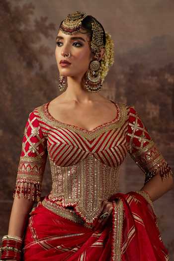 Buy_Shikhar Sharma_Red Silk Organza, Silk, Chanderi Leaf Neck Gota Zari Work Saree With Corset 
