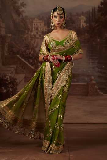 Shikhar Sharma_Olive Green Silk Organza, Silk, Chanderi Leaf Zari Embroidered Saree With Blouse _Online_at_Aza_Fashions