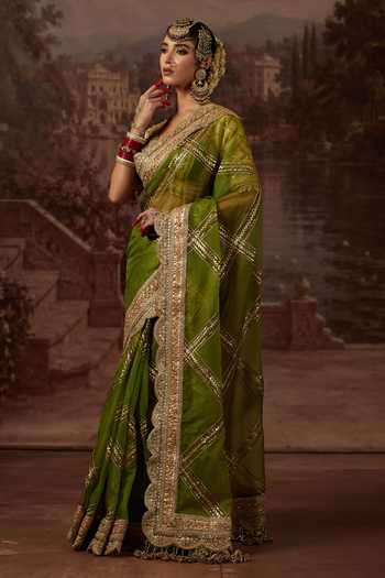 Buy_Shikhar Sharma_Olive Green Silk Organza, Silk, Chanderi Leaf Zari Embroidered Saree With Blouse _Online_at_Aza_Fashions