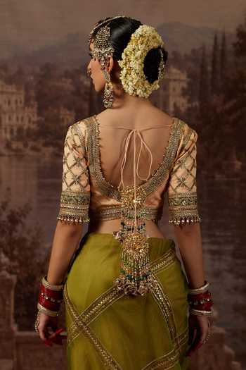 Shop_Shikhar Sharma_Olive Green Silk Organza, Silk, Chanderi Leaf Zari Embroidered Saree With Blouse _Online_at_Aza_Fashions