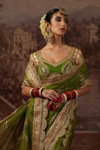 Shikhar Sharma_Olive Green Silk Organza, Silk, Chanderi Leaf Zari Embroidered Saree With Blouse _at_Aza_Fashions