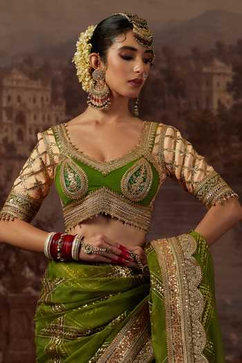 Buy_Shikhar Sharma_Olive Green Silk Organza, Silk, Chanderi Leaf Zari Embroidered Saree With Blouse 