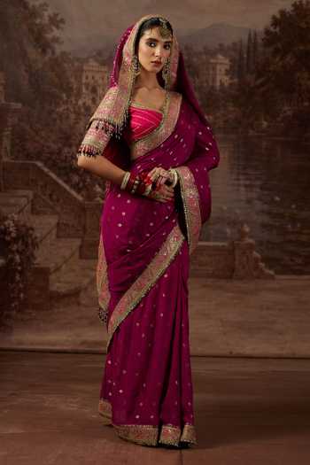 Buy_Shikhar Sharma_Purple Crepe, , , Hand Embroidered Saree With Blouse _Online_at_Aza_Fashions