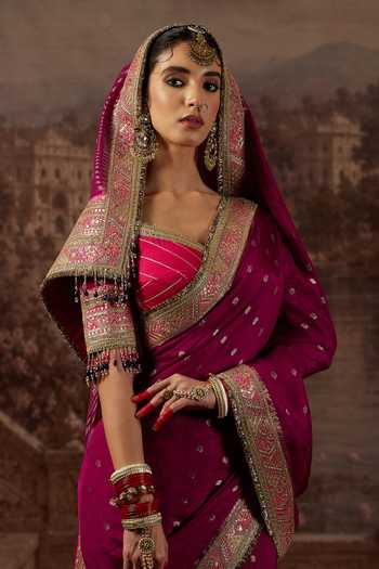 Buy_Shikhar Sharma_Purple Crepe, , , Hand Embroidered Saree With Blouse 