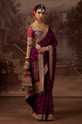 Buy_Shikhar Sharma_Purple Crepe, Silk, Chanderi Zari Woven Saree With Blouse _Online_at_Aza_Fashions