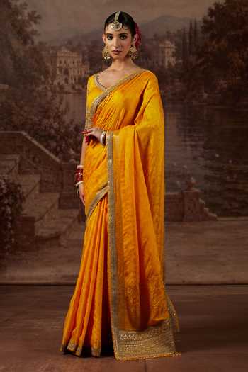 Shikhar Sharma_Yellow Crepe, Silk, Chanderi Leaf Neck Dori Embroidered Saree With Blouse _Online_at_Aza_Fashions