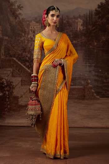 Buy_Shikhar Sharma_Yellow Crepe, Silk, Chanderi Leaf Neck Dori Embroidered Saree With Blouse _Online_at_Aza_Fashions