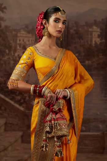Shop_Shikhar Sharma_Yellow Crepe, Silk, Chanderi Leaf Neck Dori Embroidered Saree With Blouse _Online_at_Aza_Fashions