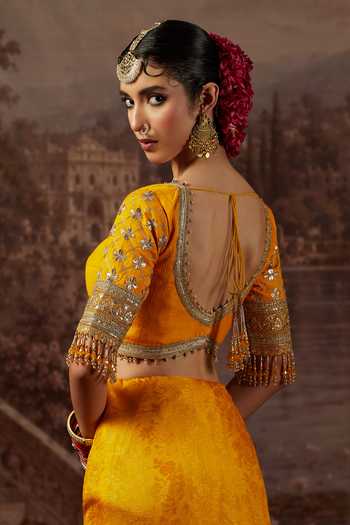Shikhar Sharma_Yellow Crepe, Silk, Chanderi Leaf Neck Dori Embroidered Saree With Blouse _at_Aza_Fashions