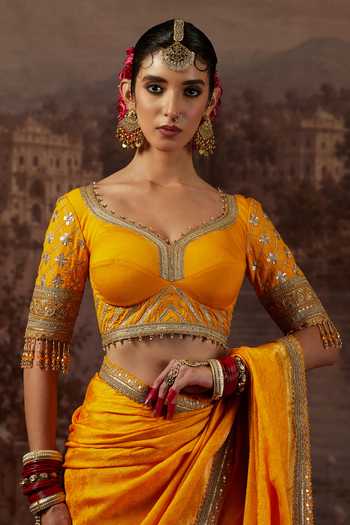 Buy_Shikhar Sharma_Yellow Crepe, Silk, Chanderi Leaf Neck Dori Embroidered Saree With Blouse 