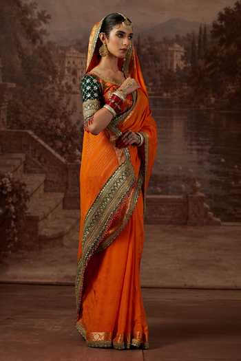 Shikhar Sharma_Orange Crepe, Silk, Brocade Leaf Neck Dori Border Embroidered Saree With Blouse _Online_at_Aza_Fashions